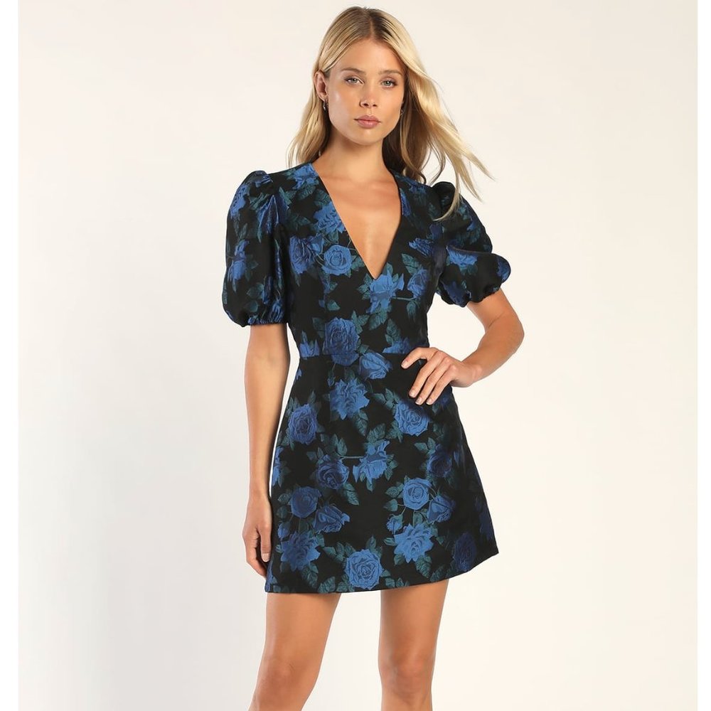 Lulus Whimsical Sweetheart Black Floral Jacquard Puff Sleeve Dress - Size Large